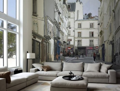 Τοιχογραφία τοίχου στον τοίχο σε ένα μοντέρνο μινιμαλιστικό εσωτερικό καθιστικού