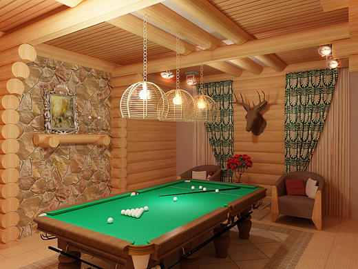 Интериорът на билярдната стая в стила на ловна хижа Интериорът на билярдната стая в стила на ловна хижа