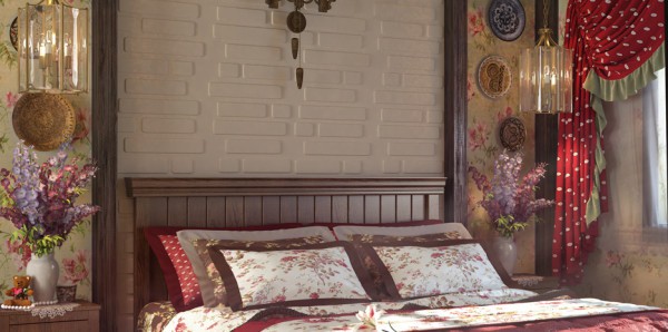 Plaster volumetric panels in the bedroom interior Plaster volumetric panels in the bedroom interior