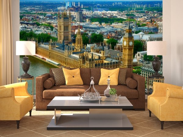 Papel fotográfico en un salón con una vista panorámica del Palacio de Westminster
