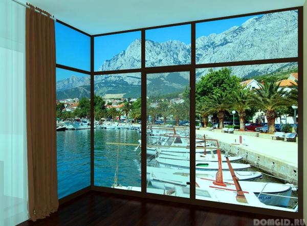 Imitación de una ventana panorámica con vistas al muelle.