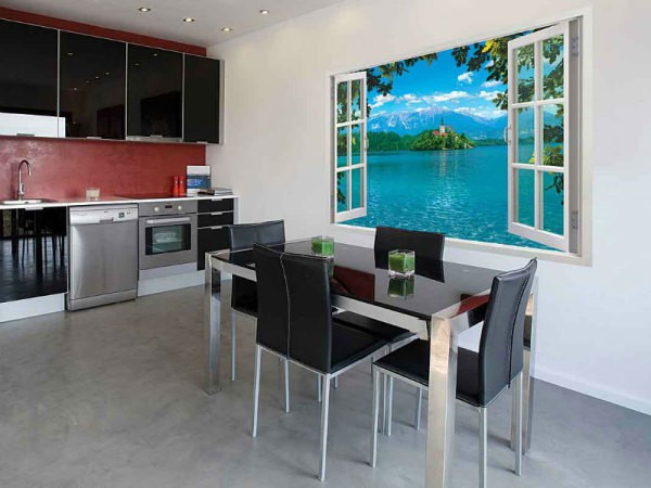 Fotomural ventana falsa en el interior del comedor de la cocina