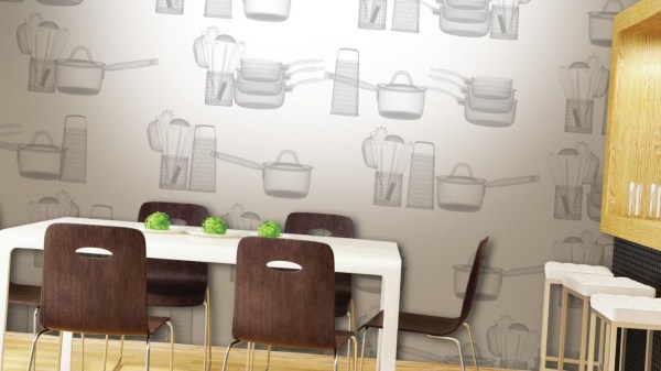 Papier peint avec un motif d'ustensiles de cuisine à l'intérieur de la cuisine