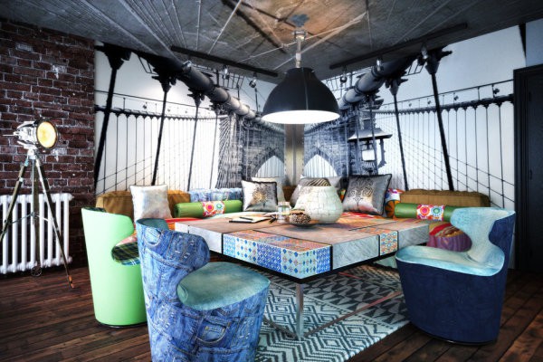 Kombine çatı katı ve eklektik tarzlarda Brooklyn Köprüsü'ne bakan duvar resmi