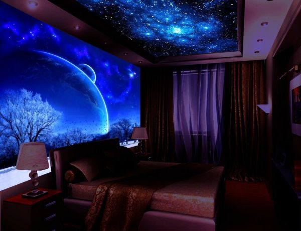 Carta da parati fluorescente per foto 3D con un motivo spaziale all'interno della camera da letto
