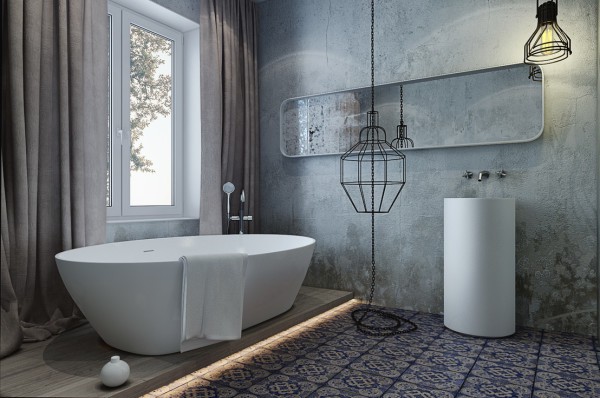 Badezimmer im Loft-Stil mit Betonstuck