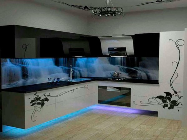 3D τοιχογραφία φθορισμού για την κουζίνα, με έναν καταρράκτη 3D τοιχογραφία φθορισμού για την κουζίνα, με έναν καταρράκτη