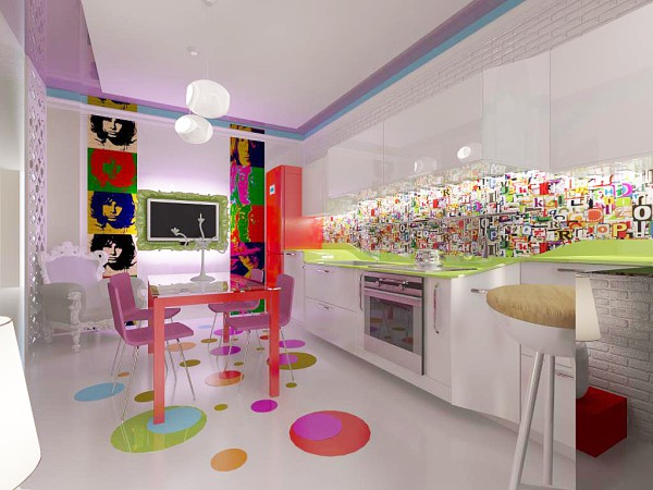Un ejemplo de una cocina decorada en un estilo ultramoderno - pop art