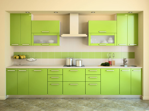 Interior design calmo con cucina verde chiaro
